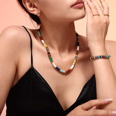 Multicolor disc bead necklace and bracelet worn together
