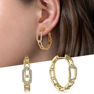 Gold Tone Open Link Hoop Earrings With Crystal Accent Links