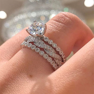 Round Crystal Three Band Bridal Style Ring Set Polished Metal Jewelry