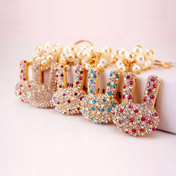 Gold-Tone Rhinestone Bunny Head Keychain With Pearl-Look Beads