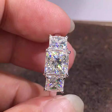 Three Stone Rectangular Clear CZ Ring Silver Tone Sizes 6–10