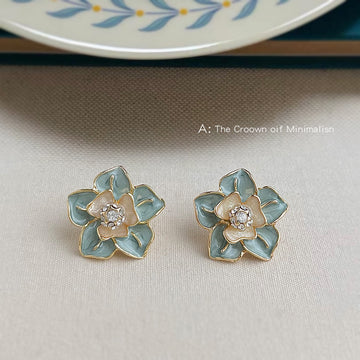 Mint Enamel Camellia Flower Stud Earrings Gold Rim CZ