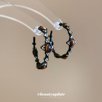 Black Textured Hoop Earrings With Brown Oval Accents
