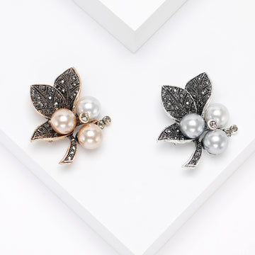 Antique Leaf Brooch With Pearl-Like Cluster in Two Finishes