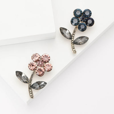 Main front view of Three Flower Crystal Branch Brooch In Blue And Pink