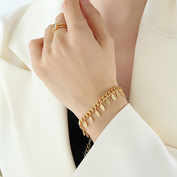 Gold Silver Curb Chain Bracelet with Dangling Oval Leaf Charms