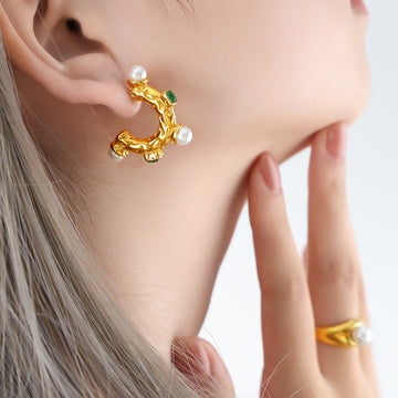 Gold Textured C Hoop Earrings Pearl Green Stone Accents
