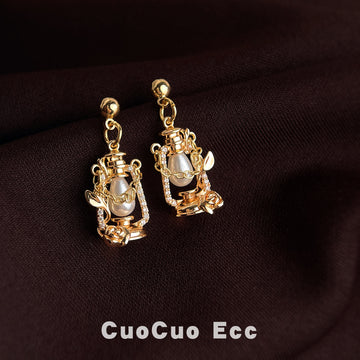 Gold Tone Lantern Rose And White Pearl Drop Stud Earrings