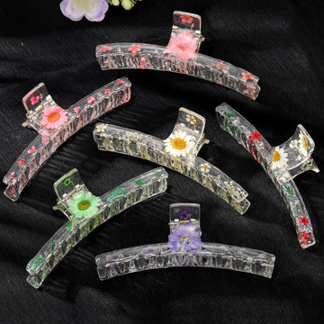 Transparent Resin Pressed Flower Long Hair Claw Clips in Six Designs