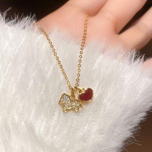 Gold Tone Puppy and Red Heart Pendant Necklace Jewelry Design