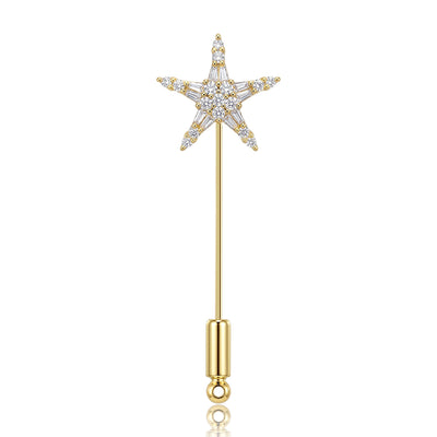 Main front view of Crystal Star Long Stick Pin In Gold And Silver Tones
