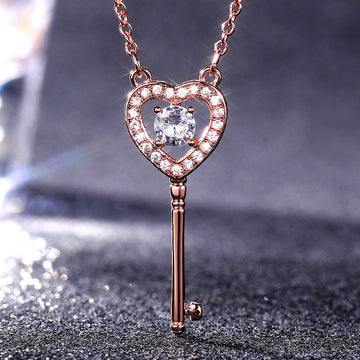 Rose Gold Tone Heart Key Clear Stone Pendant Necklace
