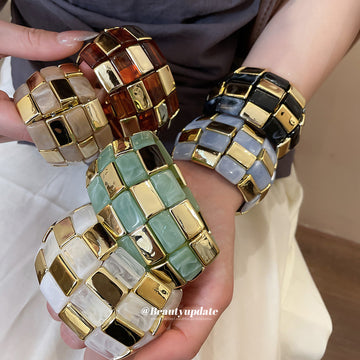 Acrylic Gold Tile Stretch Bracelets Black Beige White Amber
