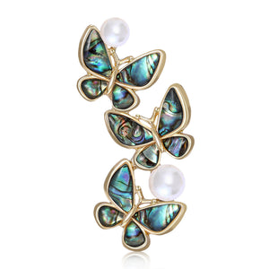 Abalone Shell Three Butterfly Brooch Pearls Gold Tone