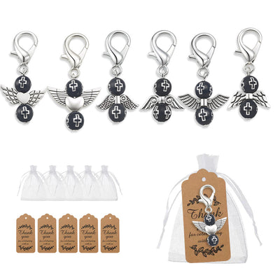 Six black bead angel keychains with bags and kraft tags