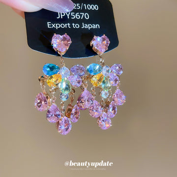Pink Heart Crystal Floral Cluster Stud Earrings with Polished Metal Details