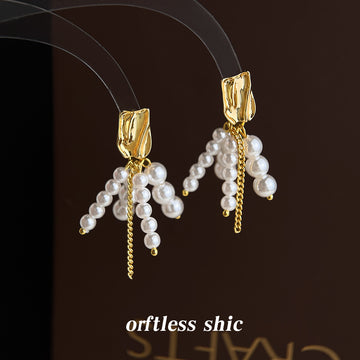 Gold Organic Stud Pearl Strand Tassel Earrings Chain Drop