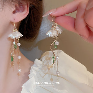 White Flower Green Leaf Pearl Chain Hook Earrings with Polished Metal Accents
