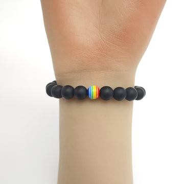 Matte Black Frosted Bead Stretch Bracelet Rainbow Accent