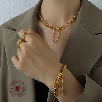 Thick Cuban Curb Chain Bracelet Clasp Tassel Gold Steel