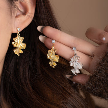 Gold and Silver Layered Fan Leaf Dangle Stud Earrings