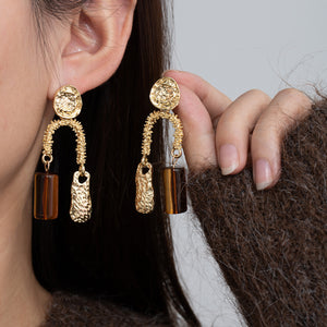 Hammered Gold-Tone Arch Drop Earrings with Amber-Colored Bead, Zinc Alloy
