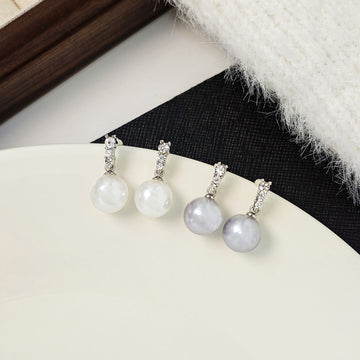 White and Gray Pearl Drop Earrings with Crystal Bar Studs