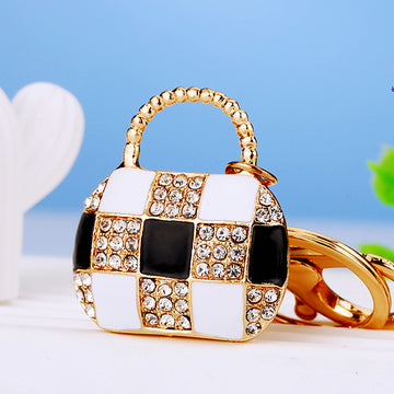 Jeweled Checkerboard Handbag Keychains in Pink White and Black White