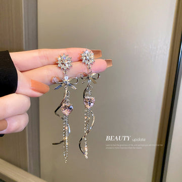 Silver Tone Crystal Floral Bow Chain Drop Earrings