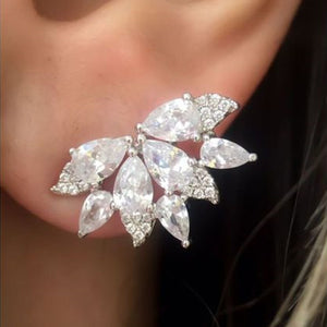 Silver Tone Marquise Crystal Leaf Cluster Stud Earrings