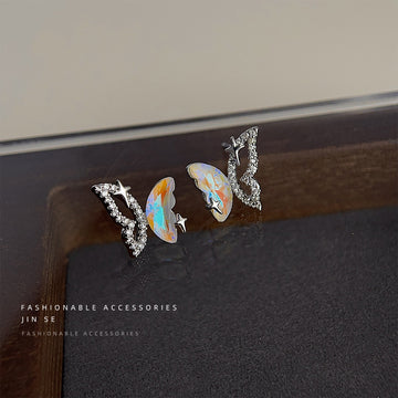 Silver Tone Multicolor Butterfly Wing Stud Earrings For Women