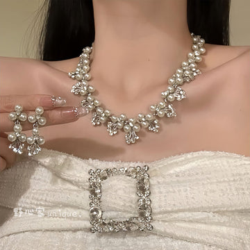 Silver Tone Floral Necklace and Drop Earrings Jewelry Set