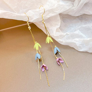 Multicolor Three Flower Gold Chain Long Hook Earrings