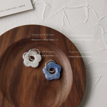 Silver-Tone Hoop White Blue Marbled Resin Flower Earrings