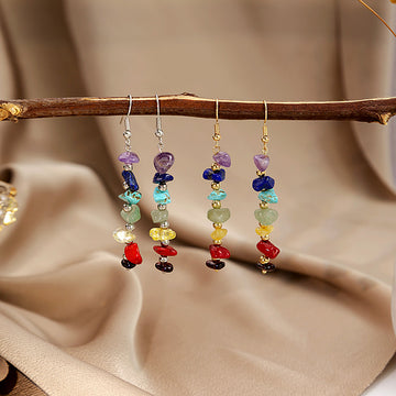 Gold and Silver Multicolor Chip Bead Long Hook Earrings