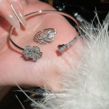 Silver Zircon Flower Open Bracelet Cuff Adjustable Band