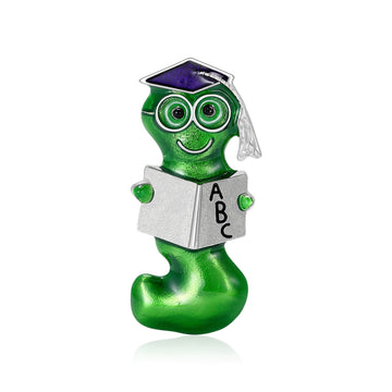 Green Teacher Worm Brooch With Glasses Cap and ABC Book