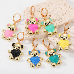 Gold-Tone Bear Huggie Drop Earrings with Colored Heart Belly, Seven Colors