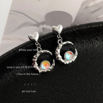 Silver Heart Stud Moon Drop Earrings Iridescent Orb Accents