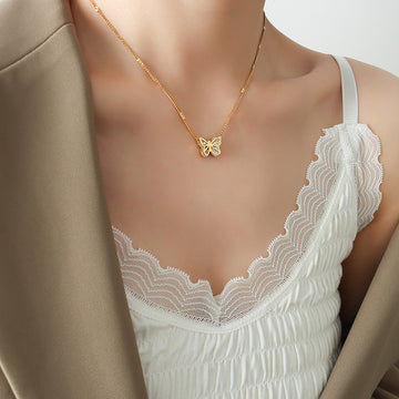Gold Butterfly Zircon Pendant Necklace Clear Crystal Wings