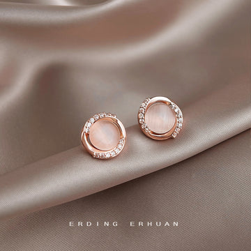 Rose Gold Pink Cat Eye Round Stud Clear CZ Halo Earrings