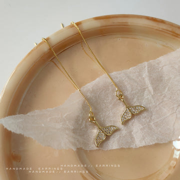 Gold Threader Earrings Pavé Zircon Whale Tail Charm