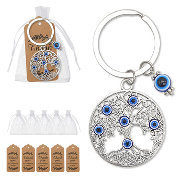 Antique Silver Tree Of Life Evil Eye Keychain Blue Beads