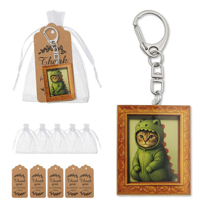 Cat keychain displayed beside a white drawstring bag and brown thank-you tags.