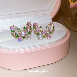 Pink Green and Clear Crystal Butterfly Stud Earrings