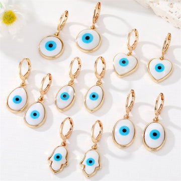 Gold Tone White Shell Round Heart and Hamsa Eye Huggie Earrings
