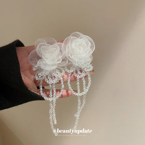 Organza Flower and Beaded Chain Drop Earrings in Two Colors