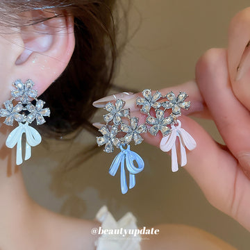 Crystal Flower Stud Earrings With Pastel Bow Drops