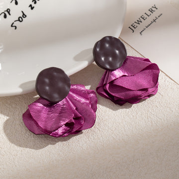 Fuchsia Fabric Petal Flower Black Round Stud Earrings