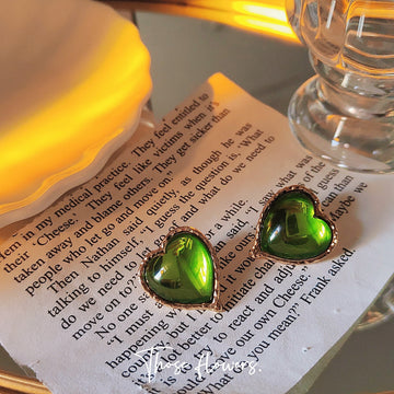 Gold Green Glass Heart Stud Earrings Textured Gold Rim
